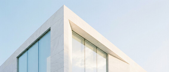 Low angle view of a modern white marble building corner featuring sharp geometric lines against a clear pale blue sky with soft clouds.