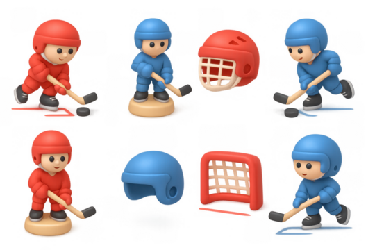 Colorful cartoon hockey icons set featuring players, helmets, and goal for sports design