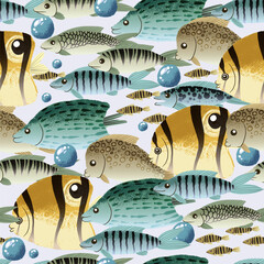 Colorful sea fish pattern with tropical underwater animals in vibrant vector seamless design