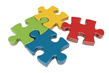 Four glossy 3D jigsaw puzzle pieces, brightly colored red, blue, green, yellow, interlocked, representing teamwork, solution, and collaboration concepts visually. background removed