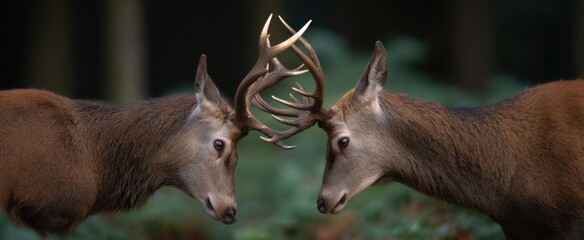 Fototapeta premium Red deer stags locked in a fierce intense rutting battle deep in the dense forest