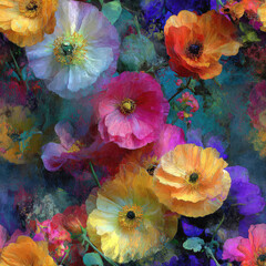 Vibrant artistic floral composition, meticulously crafted with glowing Goldenrod Yellow, radiant Fuchsia Pink, and warm Sunset Orange petals, showcasing advanced adobe photoshop techniques for a stunn