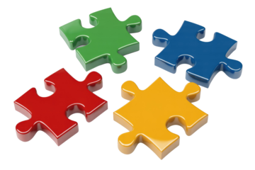 Four vibrant, glossy 3D puzzle pieces in red, green, blue, and orange, scattered on a solid background, symbolizing solutions or teamwork. background removed
