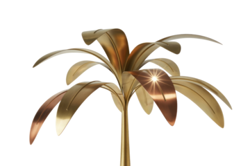 An elegant metallic palm tree sculpture with golden and copper leaves, showcasing a starburst light reflection on one leaf against a transparent background. background removed