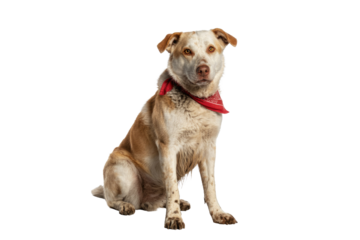 A brown and white dog with expressive golden eyes sits calmly, wearing a red bandana. Its fur shows unique markings against a transparent background. background removed