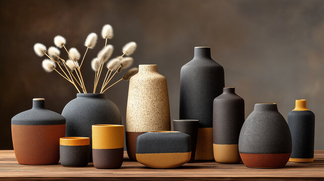 Still life collection diverse modern ceramic vases and cups in earthy, two-toned textures on wooden surface. Home decor, artisan craft concept. - Powered by Adobe