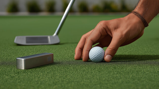 Golfer hand placing golf ball putting green foreground putt stroke device silver putter club background artificial turf practice leisure sport technology copy space - Powered by Adobe