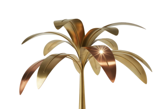 An elegant metallic palm tree sculpture with golden and copper leaves, showcasing a starburst light reflection on one leaf against a transparent background. background removed