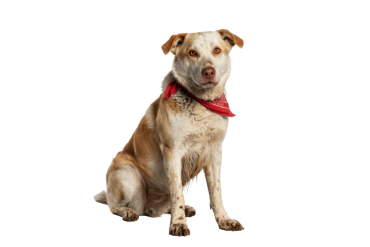 A brown and white dog with expressive golden eyes sits calmly, wearing a red bandana. Its fur shows unique markings against a transparent background. background removed