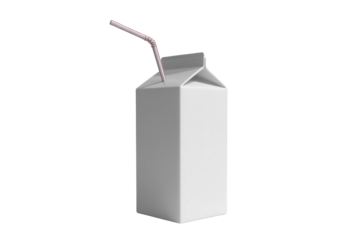 A blank white cardboard milk or juice carton with a red and white striped straw inserted, ready for branding or design. background removed