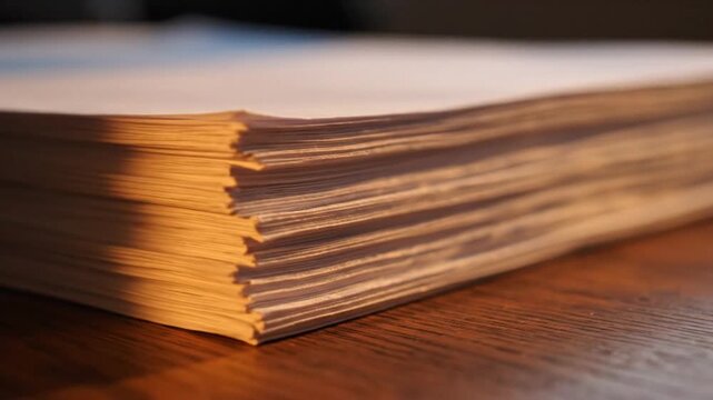 Close-up view of a neatly stacked pile of blank papers on a wooden table with soft lighting