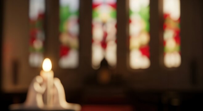 Warm glow of a single burning candle in a serene setting, with beautifully blurred colorful stained glass windows creating a peaceful background.