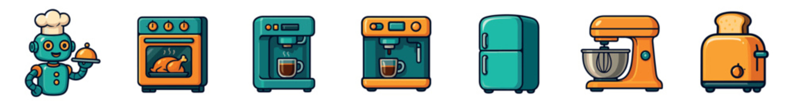 Set of kitchen appliance vector icons including a robot chef, oven, coffee maker, refrigerator, mixer, and toaster in a cartoon style