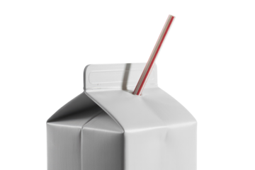 A minimalist white carton, likely milk or juice, featuring a classic red and white striped straw inserted, set against a solid transparent background. background removed