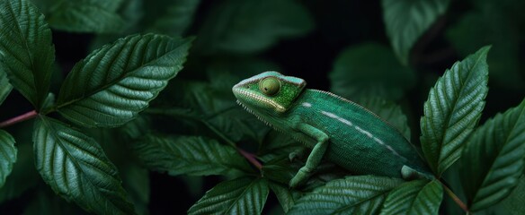 The chameleon melts into green foliage evoking calm and hidden mystery.