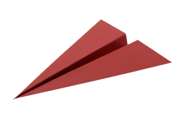 A simple, red paper airplane, expertly folded, appears ready for flight on a solid transparent background, evoking childhood memories and simple joys. background removed