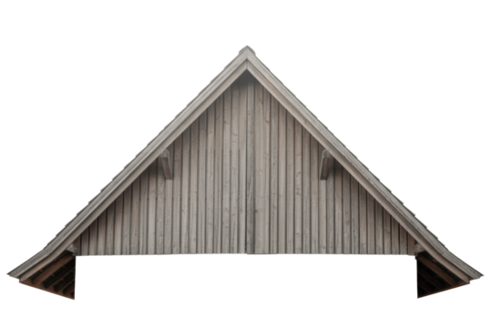 Weathered wooden gable end of a house roof, featuring vertical planks and visible eaves, on a transparent transparent background. background removed
