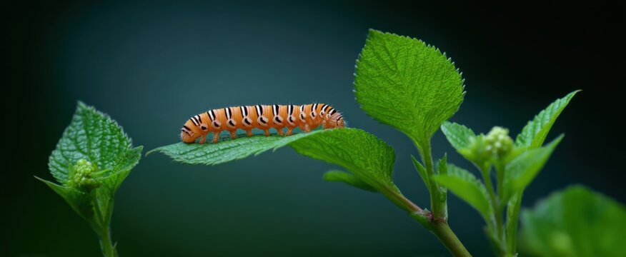 The caterpillar bravely explores the bright leaf edge with gentle patient determination - Powered by Adobe