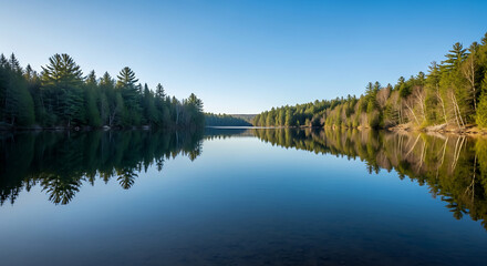 Fototapeta premium Calm lake reflecting the forest and clear blue sky on a sunny day with trees on either side of the water ai generated
