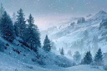 cold landscape with fir trees and snow, blue and icy colors dominate, generative ai