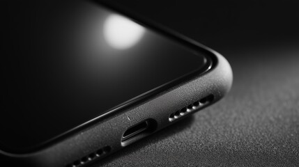 Close-up of smartphone with sleek design and textured case against dark background