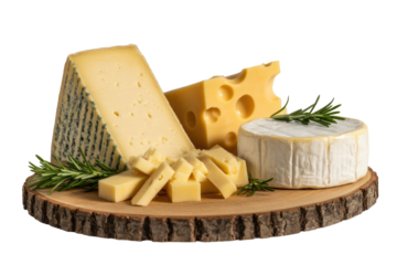 An appetizing assortment of cheeses: a large wedge, Swiss, Brie, and cubed cheddar, garnished with fresh rosemary on a rustic wooden board. background removed