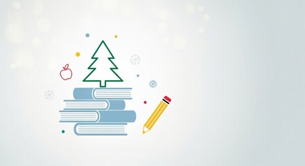 Christmas tree on stack of books with apple and pencil, winter holiday education and learning concept