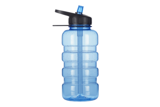 A transparent blue sports water bottle with a black flip-top lid and integrated straw, ideal for active hydration. background removed