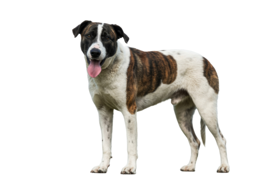 A happy, brindle and white mixed-breed dog stands looking at the camera with its tongue out, isolated on a solid transparent background. background removed