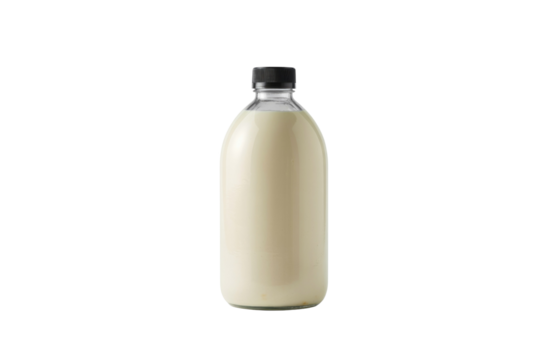 A sleek glass bottle filled with a creamy beige liquid, topped with a black cap, presented on a solid transparent background. background removed