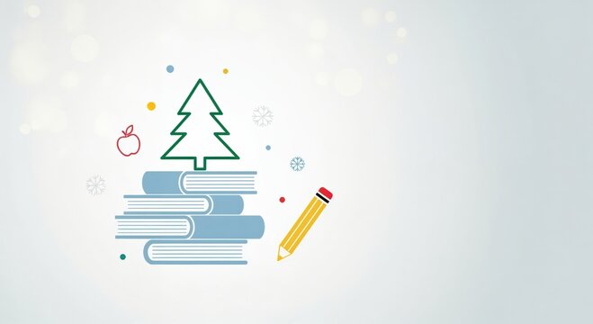 Christmas tree on stack of books with apple and pencil, winter holiday education and learning concept - Powered by Adobe
