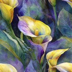 Vibrant calla lilies bloom with delicate Golden Yellow and Lavender Purple petals, intertwined with lush Emerald Green foliage, creating a serene botanical watercolor ideal for enhancing design projec
