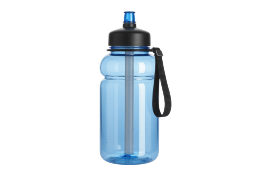 Transparent blue sports water bottle with black lid, blue mouthpiece, internal straw, and a convenient black carrying strap for hydration. background removed