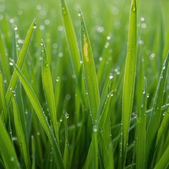 Close up of green grass blades with dew drops in soft morning light
