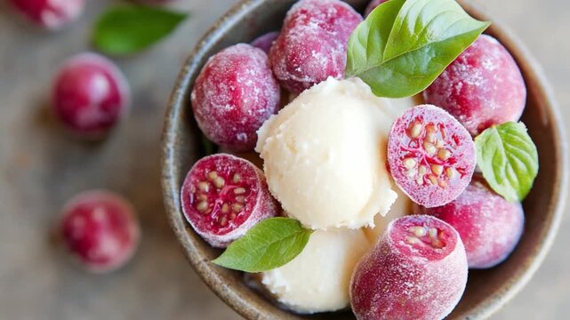 Sweet Refreshment: A delightful dessert featuring vibrant ruby red fruits, halved to reveal their seeded interior, served alongside scoops of creamy, pale yellow ice cream.