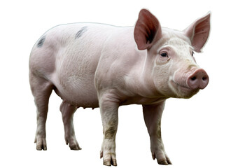 Fototapeta premium A healthy pink piglet with dark spots stands looking forward on a plain transparent background, showcasing its farm animal charm. background removed