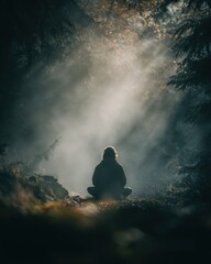 Person meditating in a misty forest surrounded by soft light and trees