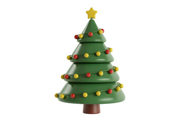 Stylized christmas tree with yellow star and colorful ornaments on transparent background