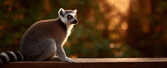 Obraz premium The lemur enjoys warm sunlight while resting on a wooden platform.