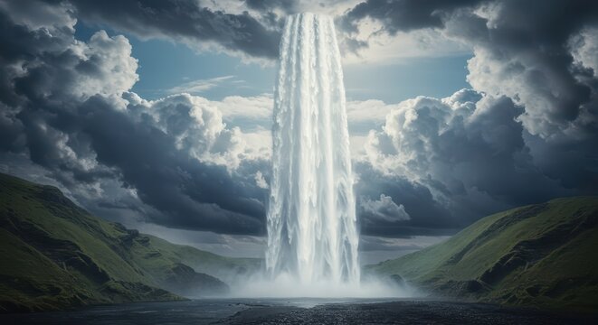 A highly manipulated and surreal landscape featuring a waterfall flowing unnaturally upward toward the clouds, illustrating the bending of natural laws, earth, physics, unnatural