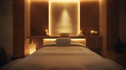 Relaxing spa treatment room with massage bed