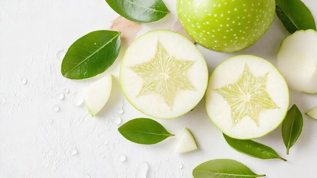 Sliced Green Apple Artistry: Slices of green apple, adorned with delicate star-shaped carvings, are paired with fresh green leaves, creating a refreshing and artistic composition.