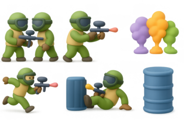 Paintball icon set featuring players, equipment, and colorful smoke themes for game and sports design