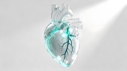 Transparent anatomical heart with glowing vascular network on light background