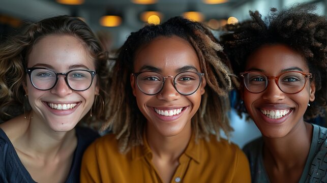 Diverse women friends smiling happily wearing glasses together