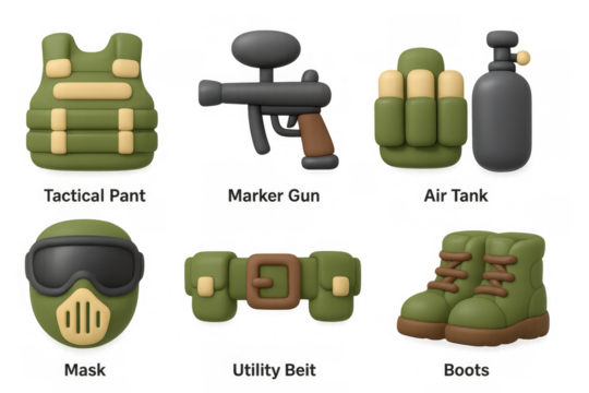 Paintball gear icons collection: tactical equipment and accessories for players