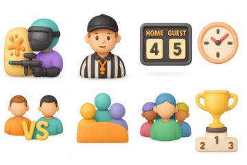 Colorful paintball tournament icons set featuring players, referee, scoreboard, and trophy for game design and promotion
