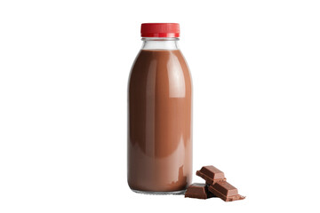 A clear bottle of rich chocolate milk with a red cap stands beside delicious milk chocolate pieces, ready for a refreshing treat. background removed