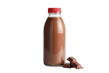 A clear bottle of rich chocolate milk with a red cap stands beside delicious milk chocolate pieces, ready for a refreshing treat. background removed