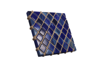 A glossy mosaic tile sheet with varied shades of blue, diamond-shaped ceramic tiles. Grout is a light brown color. background removed